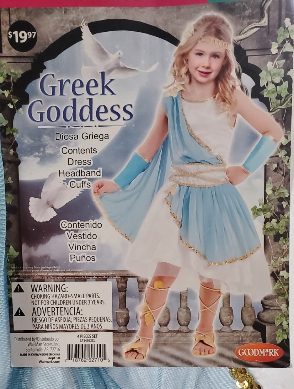Girls' Blue and White Greek Goddess Costume with Gold Trim